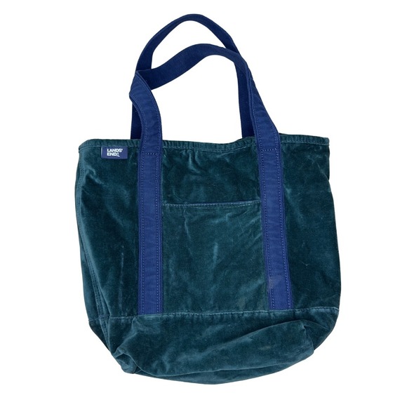 Lands' End Velvet Tote Bag Medium 5 Pocket Teal Blue Zip Top Holiday GUC - Picture 1 of 10